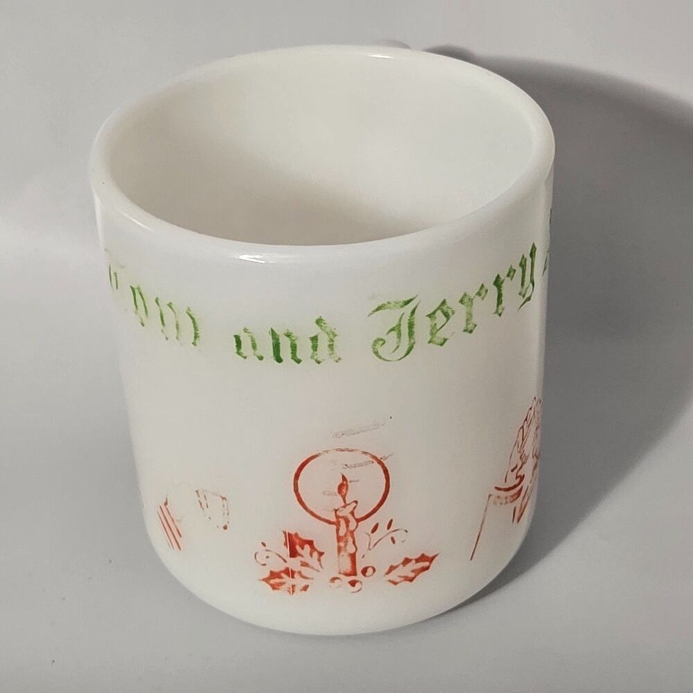 Vintage Hazel Atlas Milk Glass Tom and Jerry Mug Christmas Holiday Cup D Handle